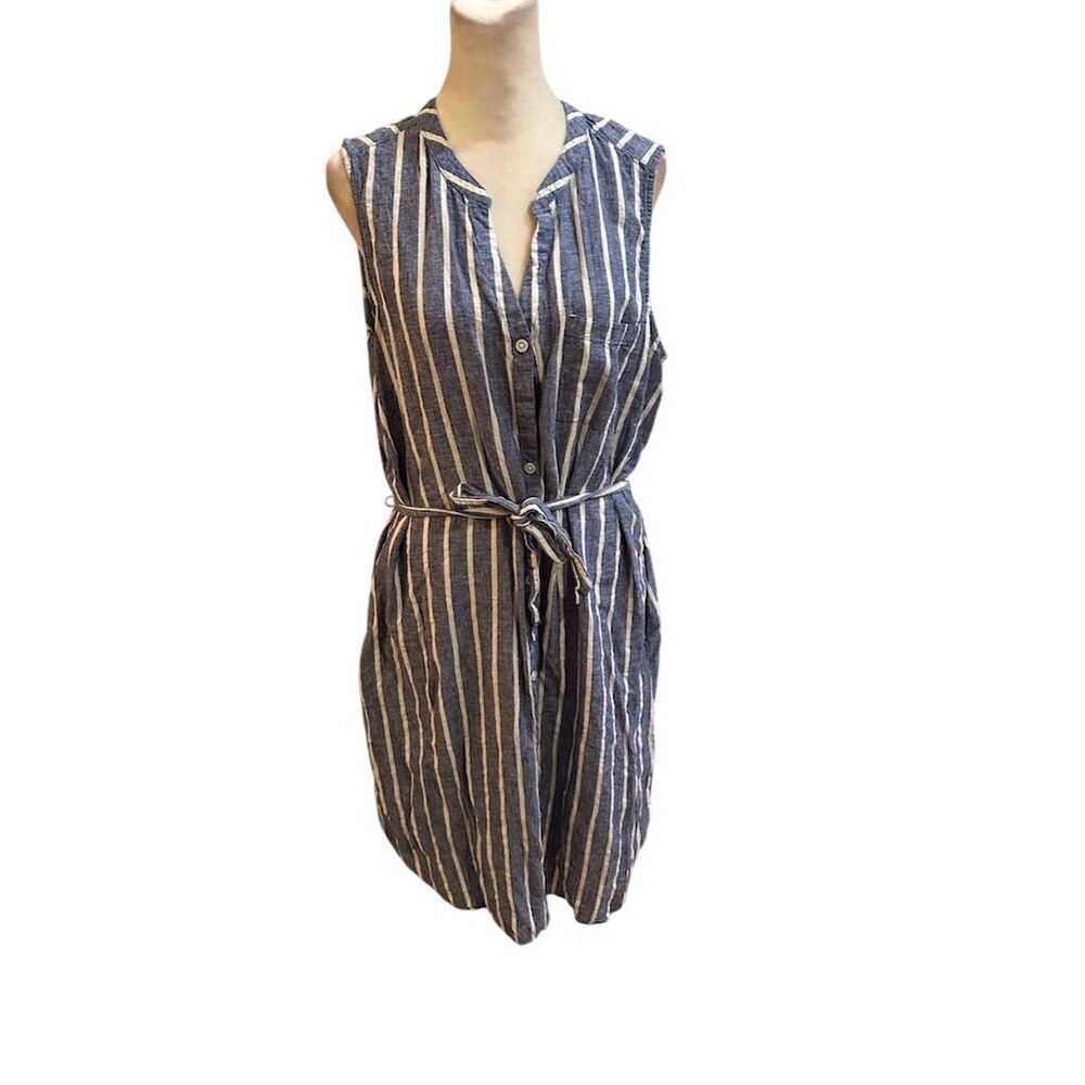 Beachlunchlounge Women's L Striped Sleeveless Tie-Waist Dress Blue